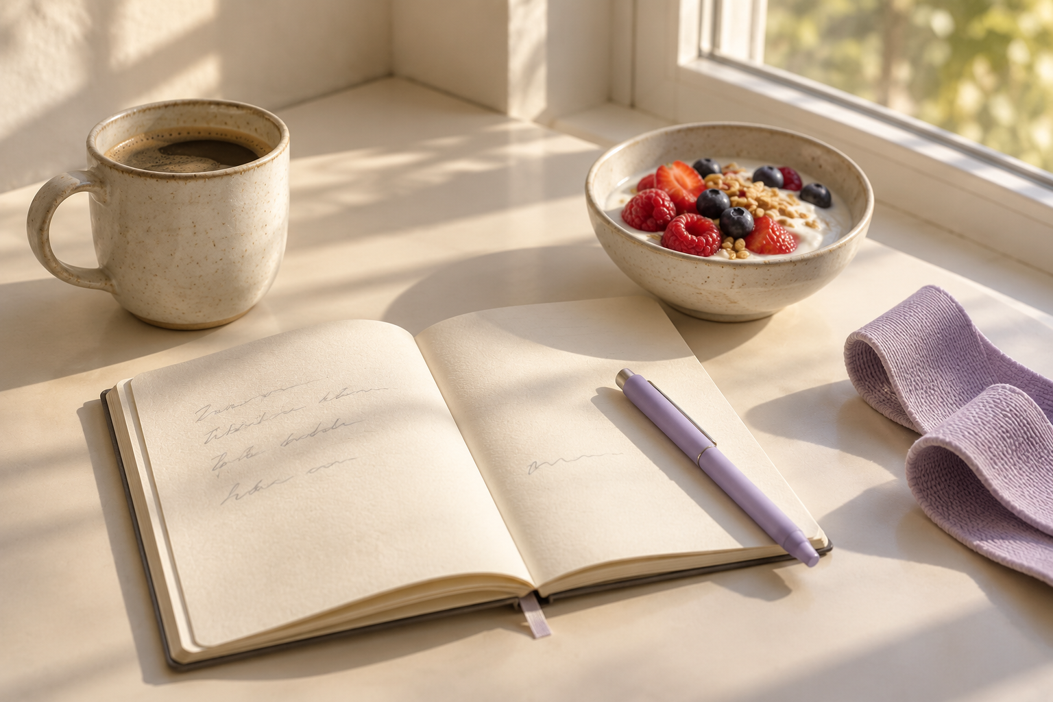 A sunlit cream desk with an open notebook, lavender pen, coffee, berry yogurt bowl, and folded exercise band