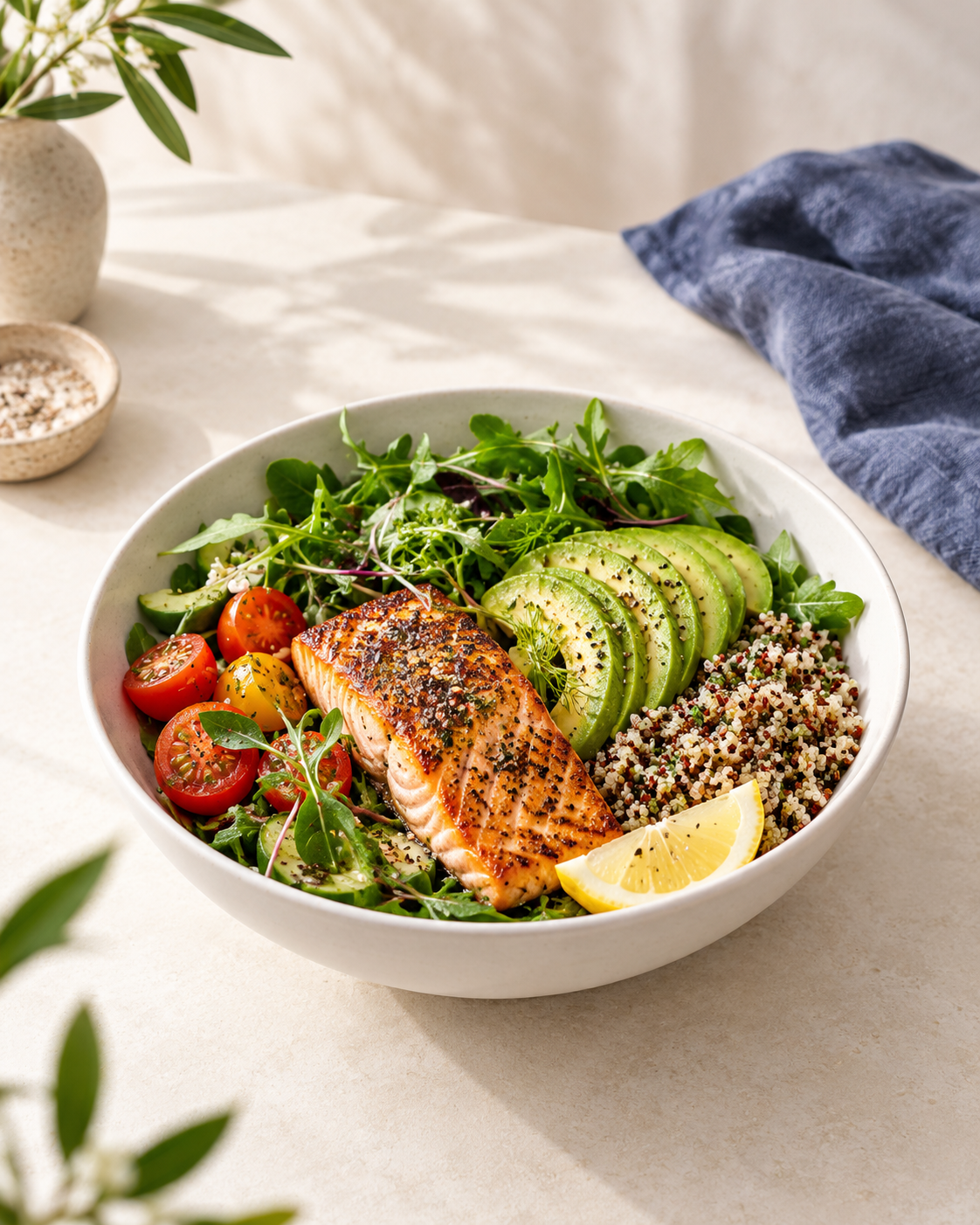 Salmon and avocado grain bowl concept
